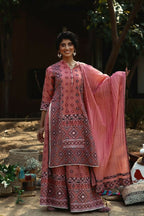 Juniper Peach Geometric Printed Pure Cotton Kurta & Palazzo Set with Lace Work | Grocsy