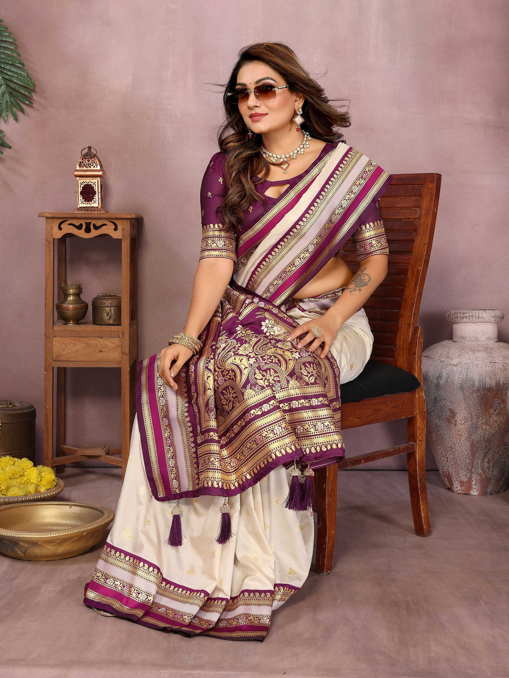 Aastha Fashion Cream Kalamkari Silk Weaving Saree | Grocsy