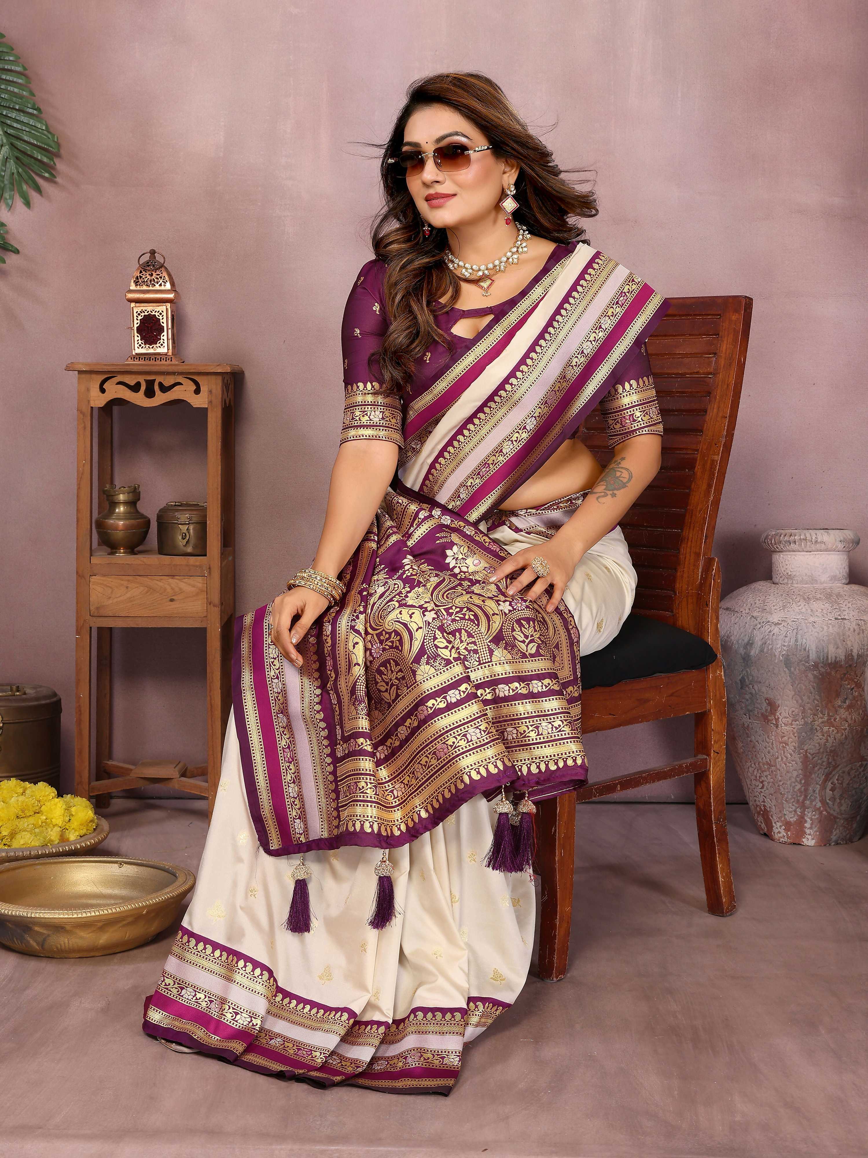 Aastha Fashion Cream Kalamkari Silk Weaving Saree | Grocsy
