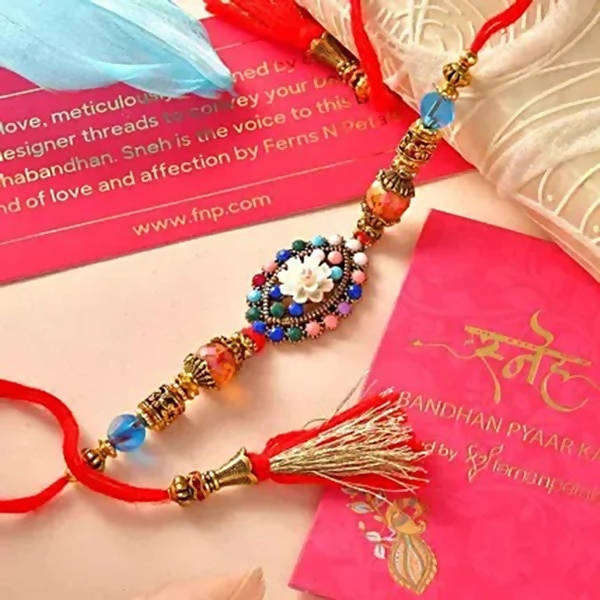 Floral Blue Rakhi N Coffee Biscotti Hamper | Grocsy