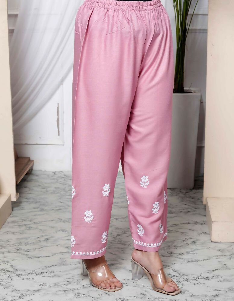 Miravan Womens Pink Embroidered Kurta With Palazzo | Grocsy