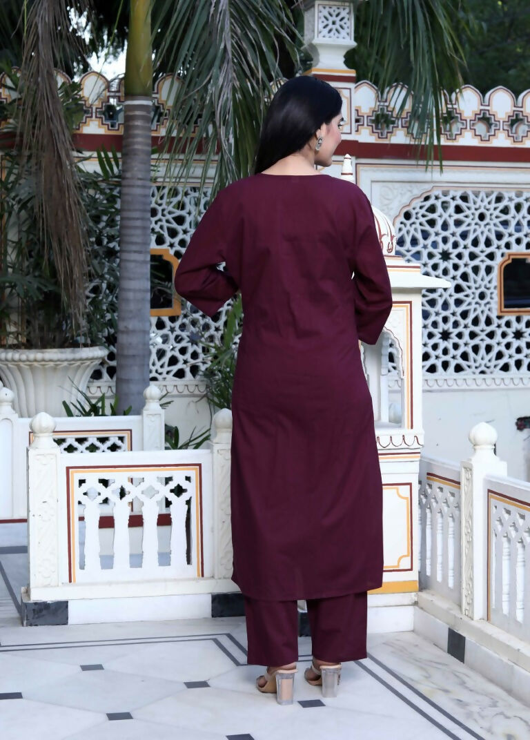 Miravan Women's Wine pure cotton floral printed Kurta and palazzo set | Grocsy