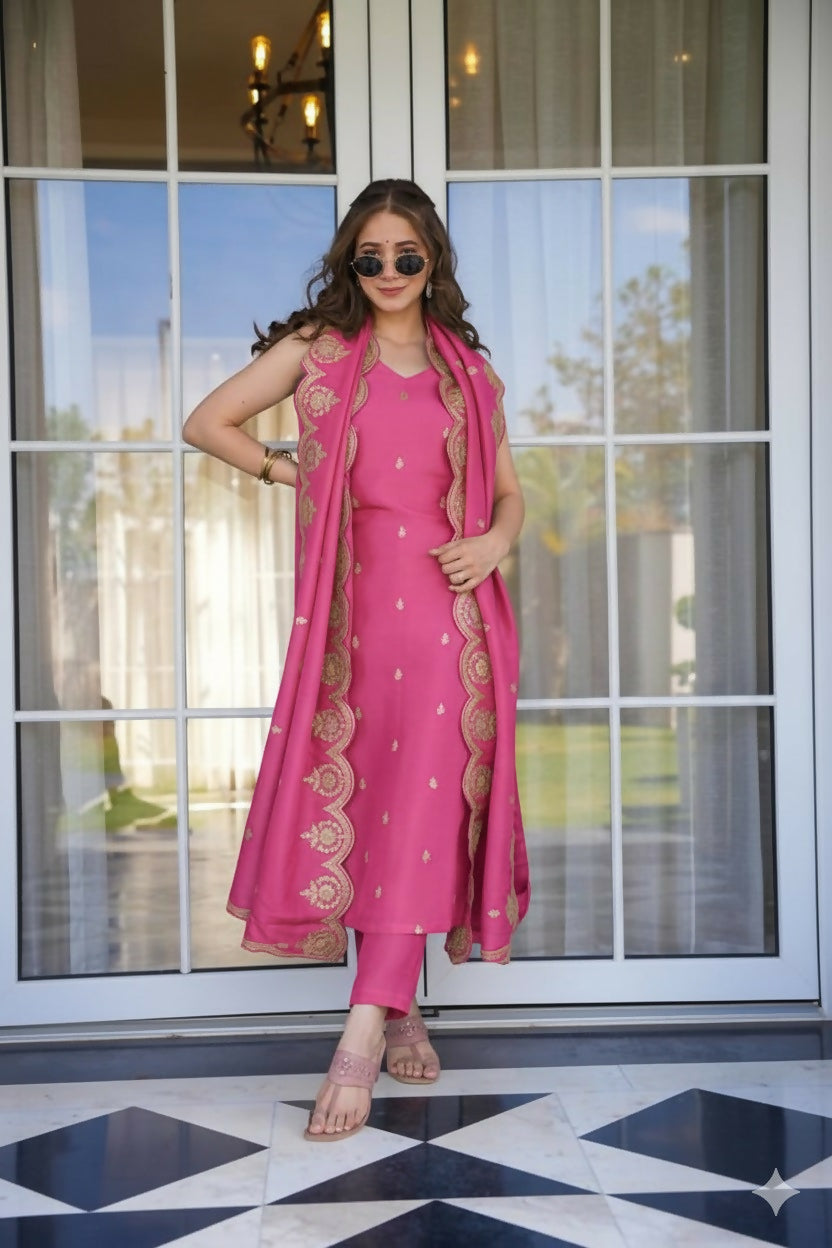 The52 Peach Women's Viscose Zari Chanderi Fabric Embroidered Work Straight Kurta, Pant and Dupatta Set | Grocsy