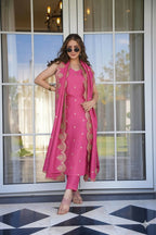 The52 Peach Women's Viscose Zari Chanderi Fabric Embroidered Work Straight Kurta, Pant and Dupatta Set | Grocsy