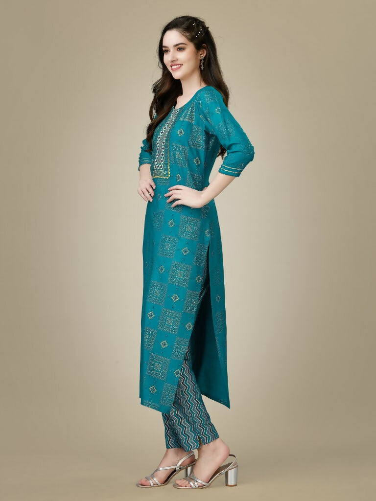 Jyoti Fashion Women's Rama Rayon Embroidered Kurta Pant Set | Grocsy