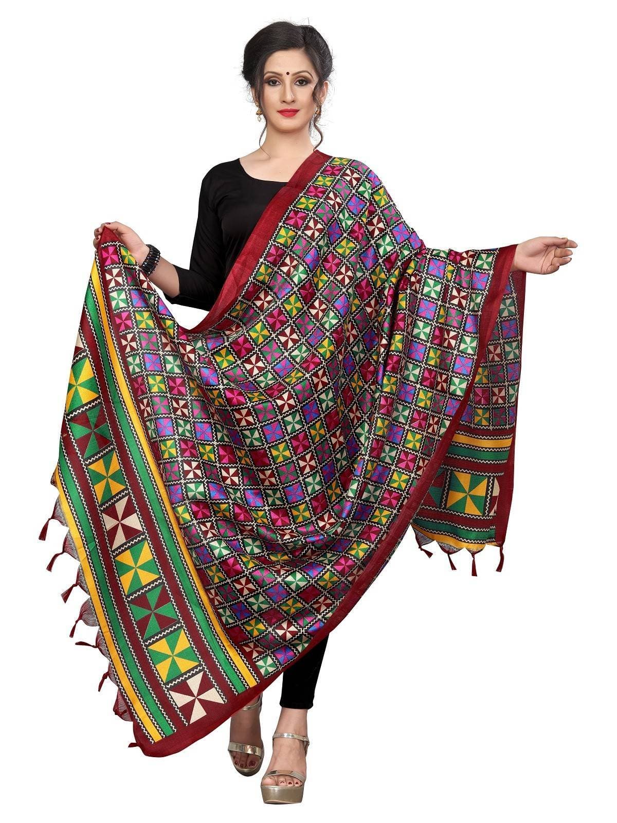 Vamika Colourful Red Printed Khadi Bhagalpuri Beautiful Dupatta | Grocsy