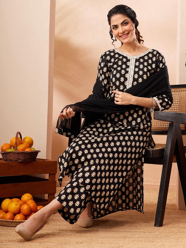 Janasya Black Straight Cotton Kurta,Bottom & Dupatta | Grocsy