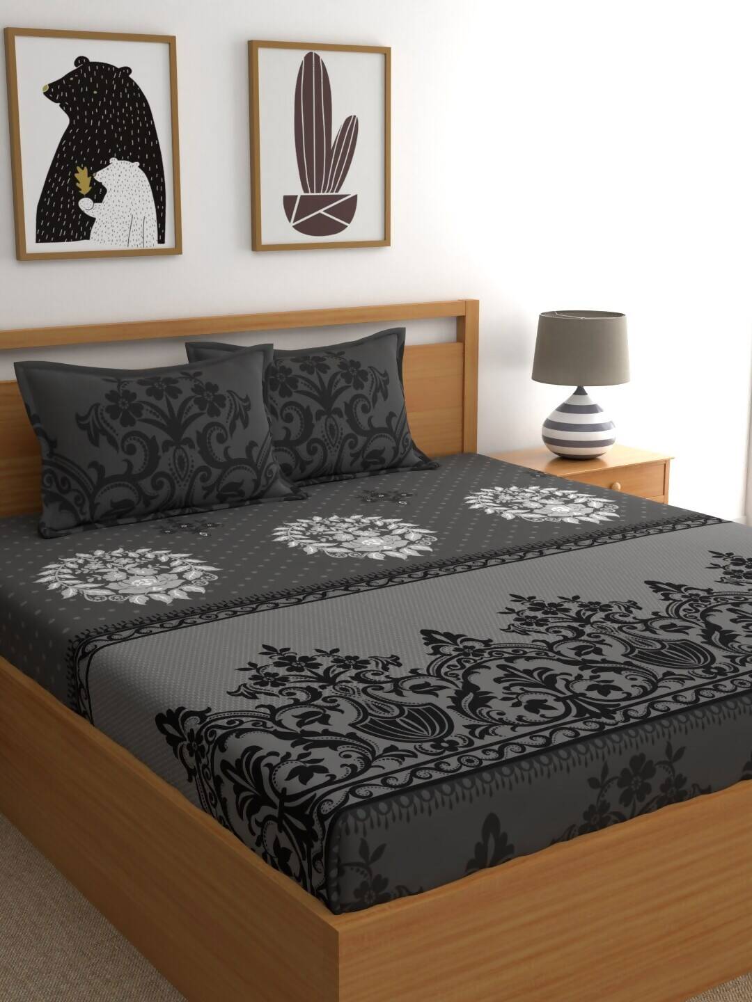 Dreamscape Grey & Black Ethnic Motifs 144 TC Bedsheet with Pillow Covers | Grocsy