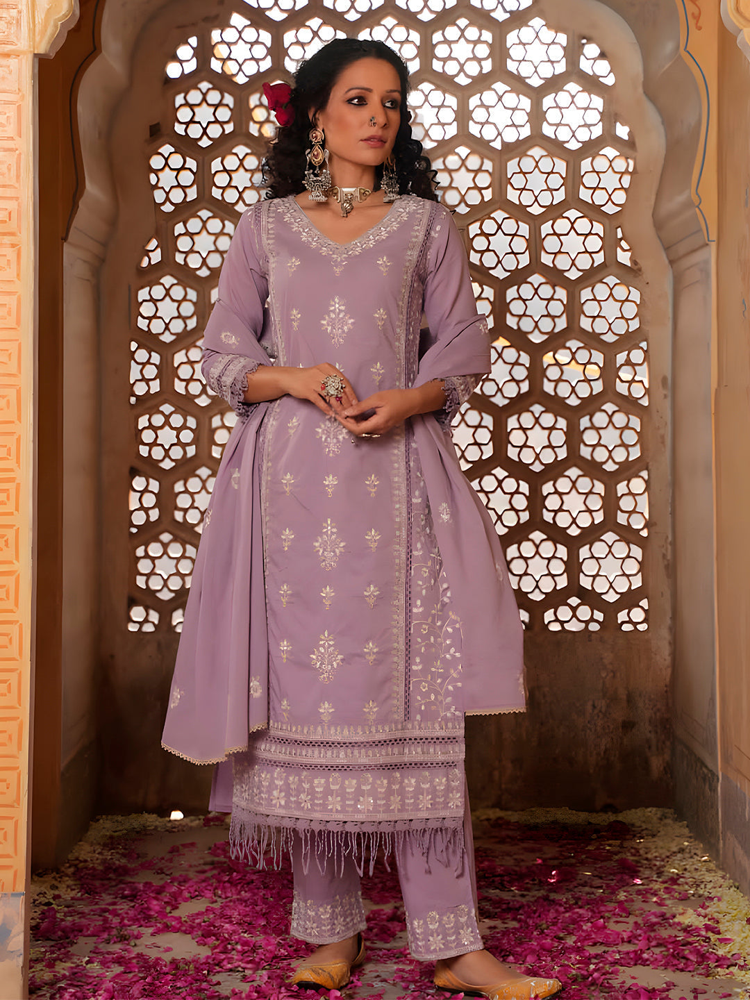 Embroidered & Lace Detailed Kurta With Pant & Embroidered Dupatta Luxury, Multicolor - Hiral Fashion | Grocsy