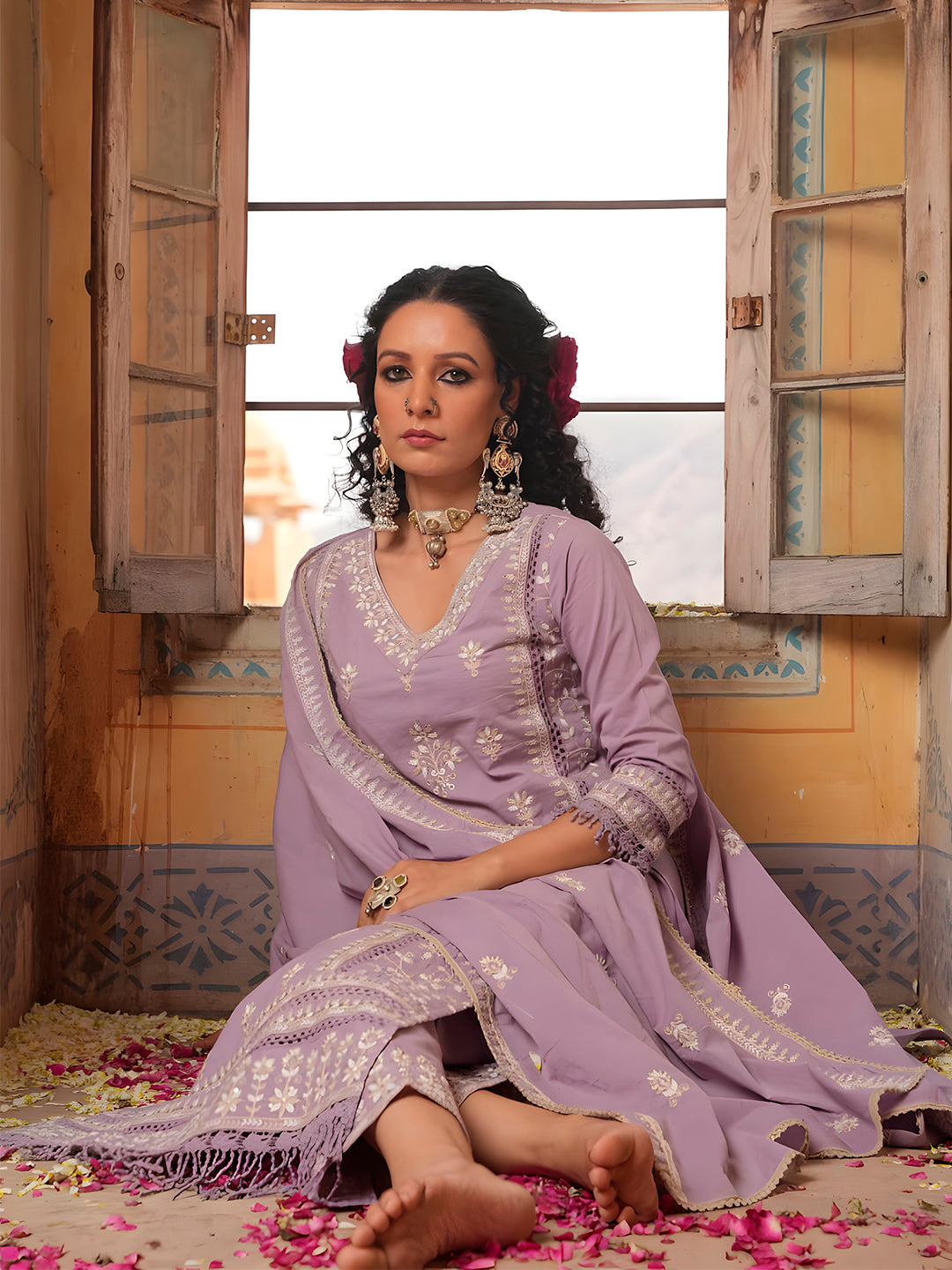 Embroidered & Lace Detailed Kurta With Pant & Embroidered Dupatta Luxury, Multicolor - Hiral Fashion | Grocsy
