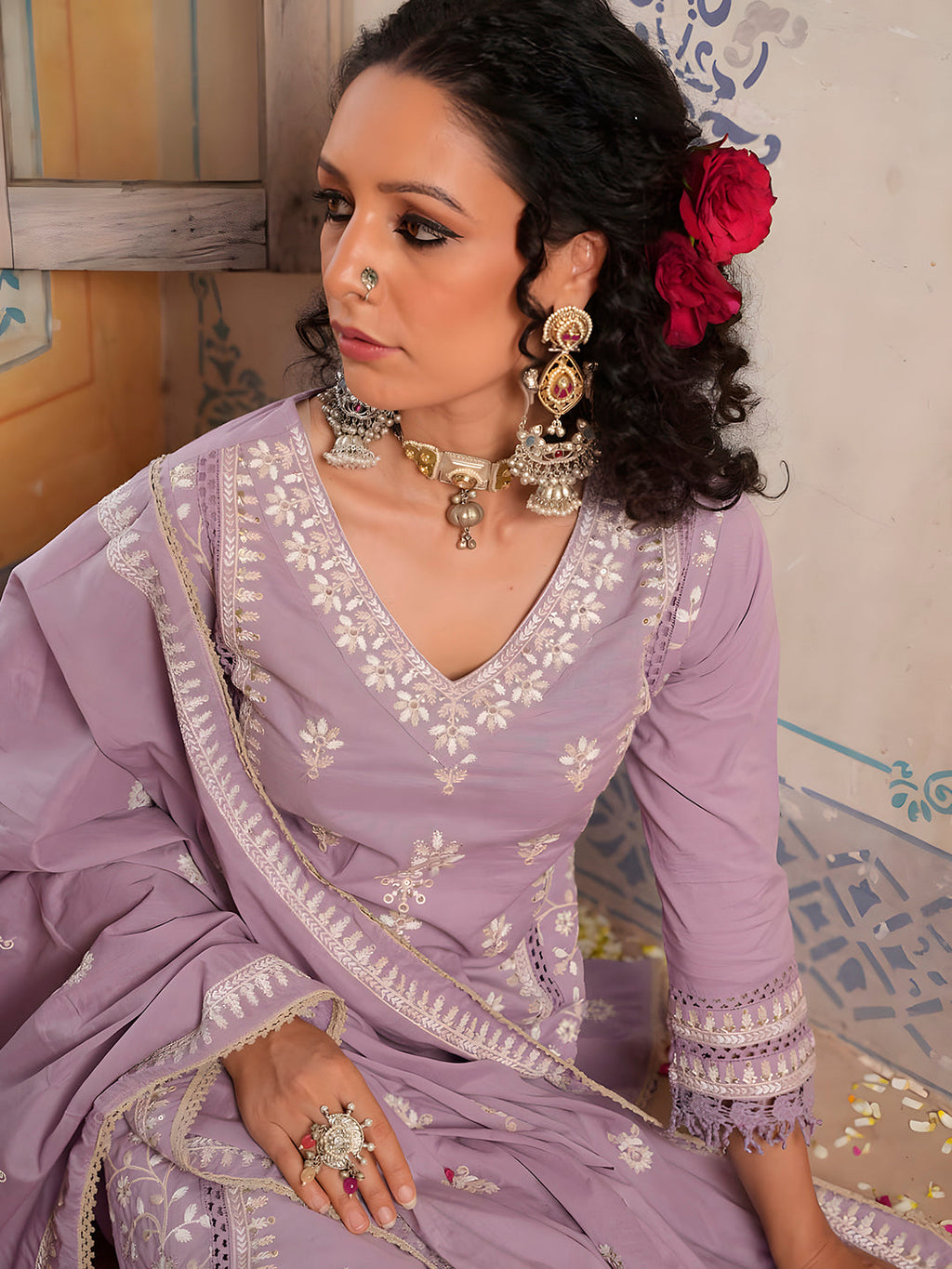 Embroidered & Lace Detailed Kurta With Pant & Embroidered Dupatta Luxury, Multicolor - Hiral Fashion | Grocsy