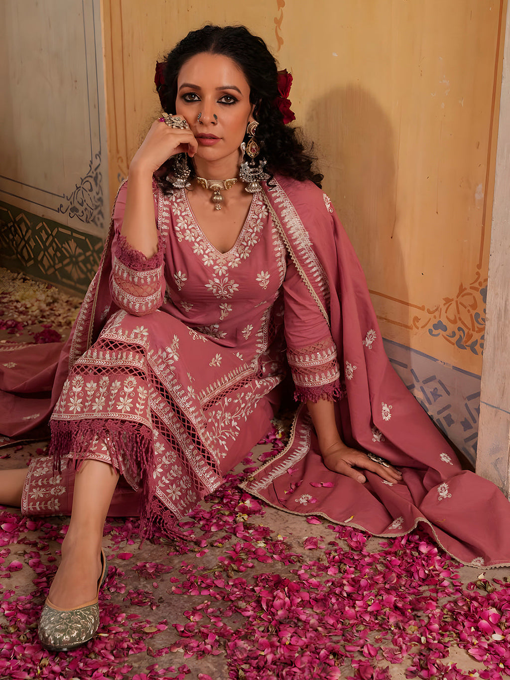 Embroidered & Lace Detailed Kurta With Pant & Embroidered Dupatta Luxury, Multicolor - Hiral Fashion | Grocsy
