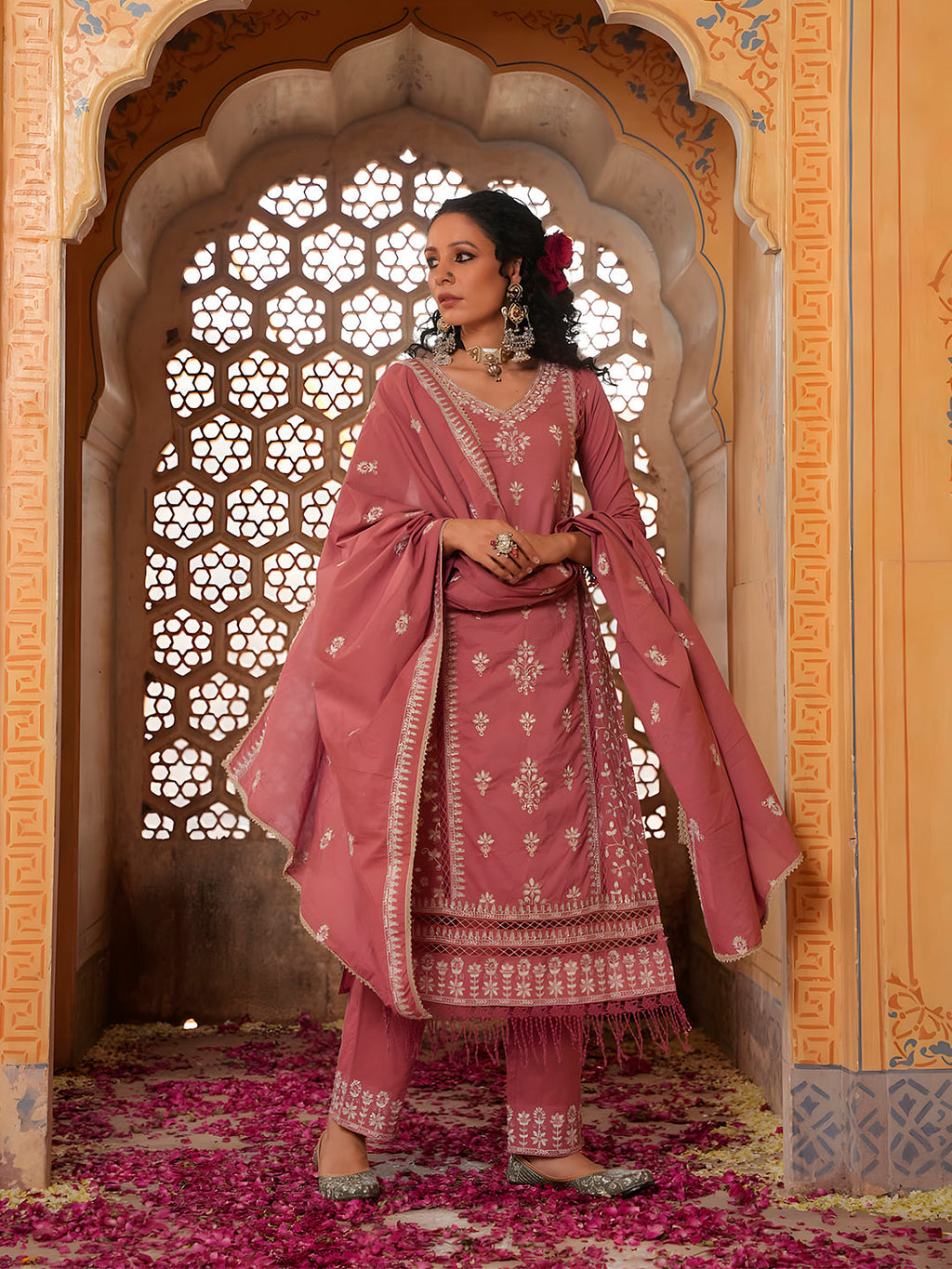 Embroidered & Lace Detailed Kurta With Pant & Embroidered Dupatta Luxury, Multicolor - Hiral Fashion | Grocsy
