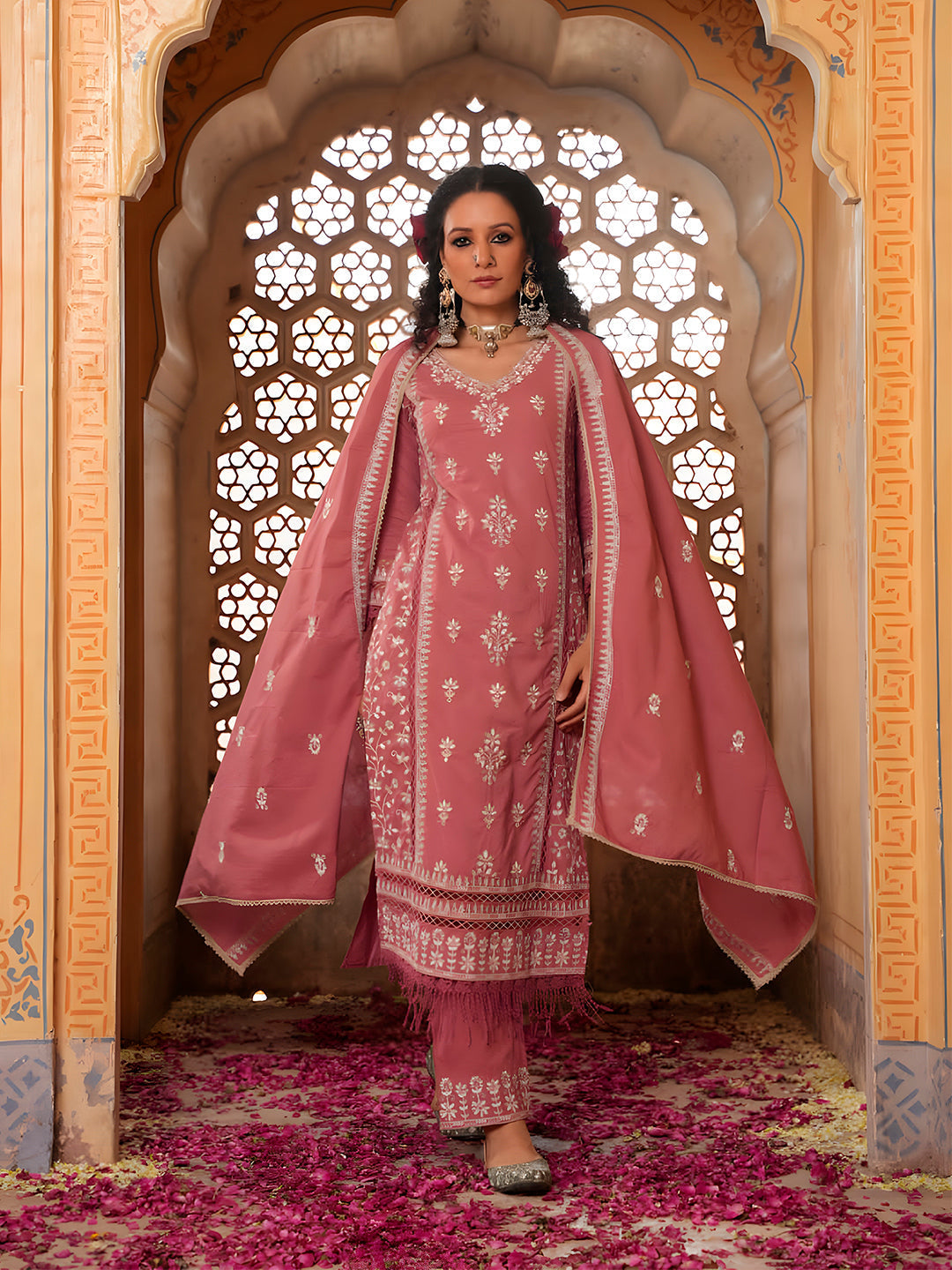 Embroidered & Lace Detailed Kurta With Pant & Embroidered Dupatta Luxury, Multicolor - Hiral Fashion | Grocsy