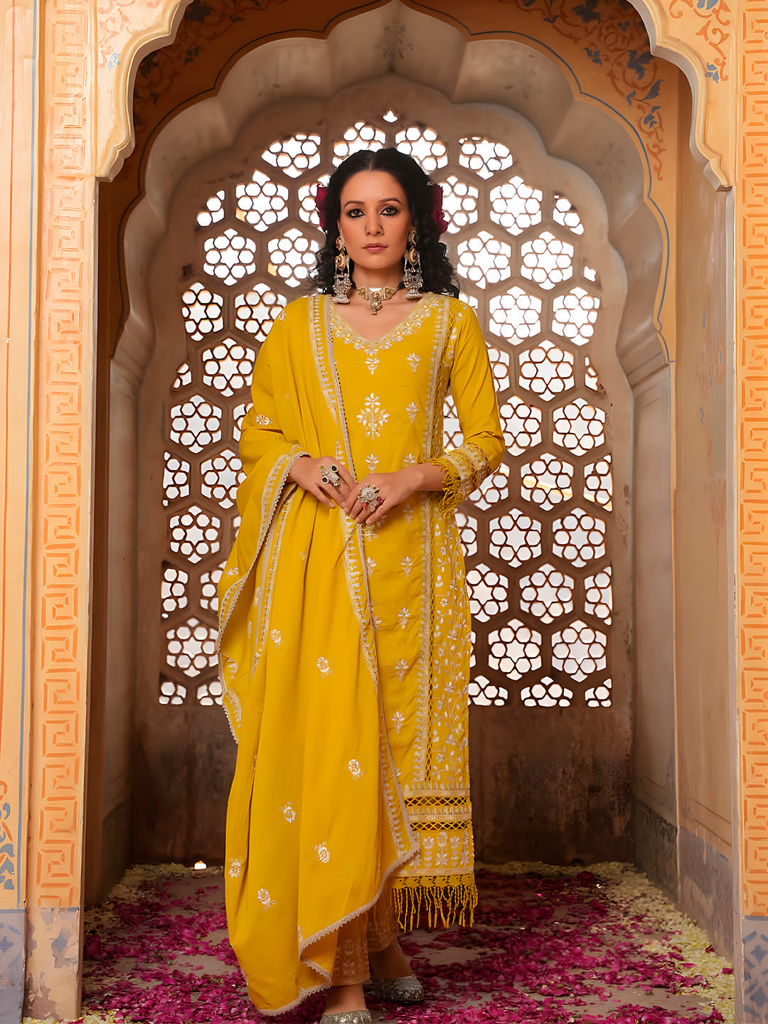 Embroidered & Lace Detailed Kurta With Pant & Embroidered Dupatta Luxury, Multicolor - Hiral Fashion | Grocsy