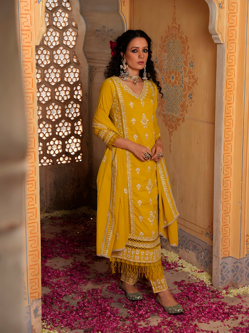 Embroidered & Lace Detailed Kurta With Pant & Embroidered Dupatta Luxury, Multicolor - Hiral Fashion | Grocsy