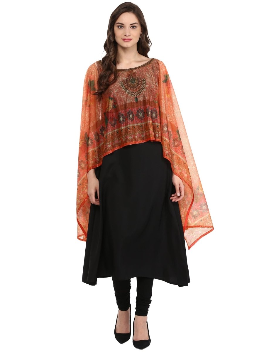 Ahalyaa Black Crepe Printed Kurta With Attached Dupatta For Women | Grocsy