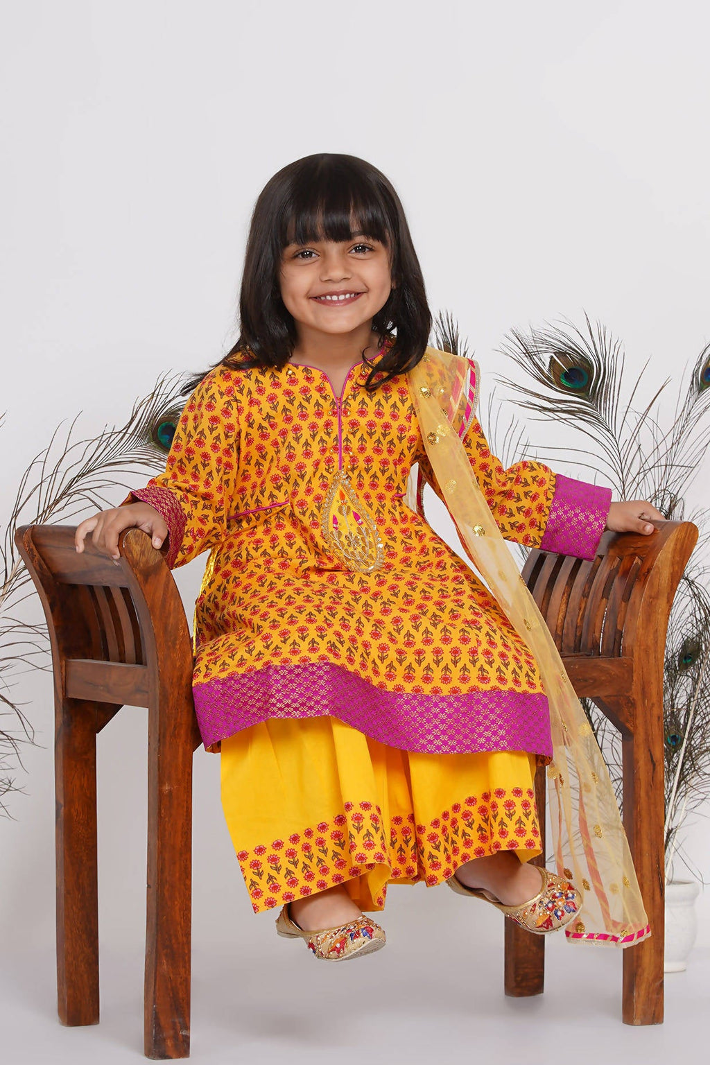 Little Bansi Girls Cotton Kurta frock with booti work,Sharara & Dupatta - Yellow | Grocsy
