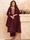 Myra Wine Emboidered Georgette Pant Style Suit | Grocsy