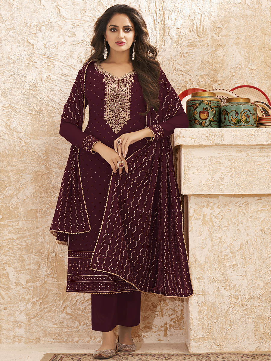 Myra Wine Emboidered Georgette Pant Style Suit | Grocsy