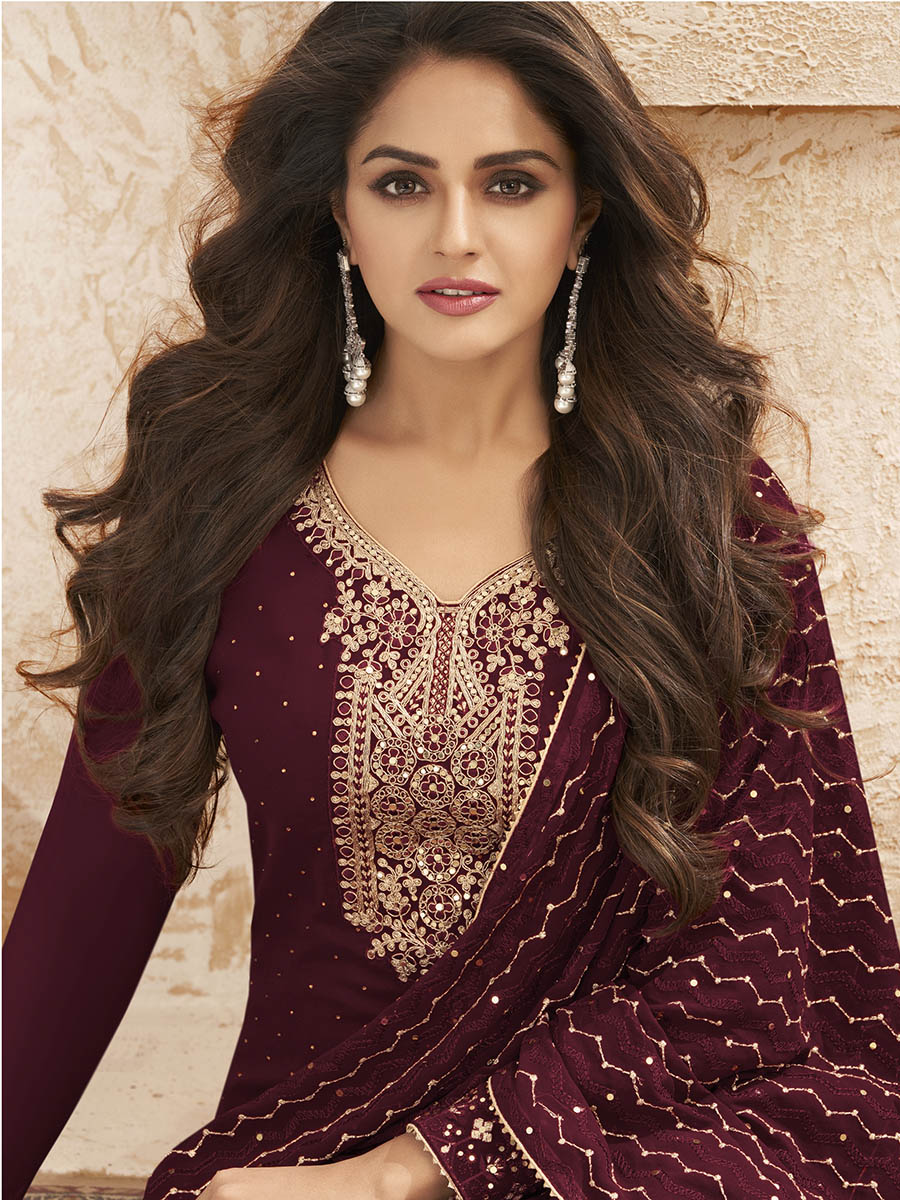 Myra Wine Emboidered Georgette Pant Style Suit | Grocsy