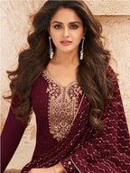 Myra Wine Emboidered Georgette Pant Style Suit | Grocsy