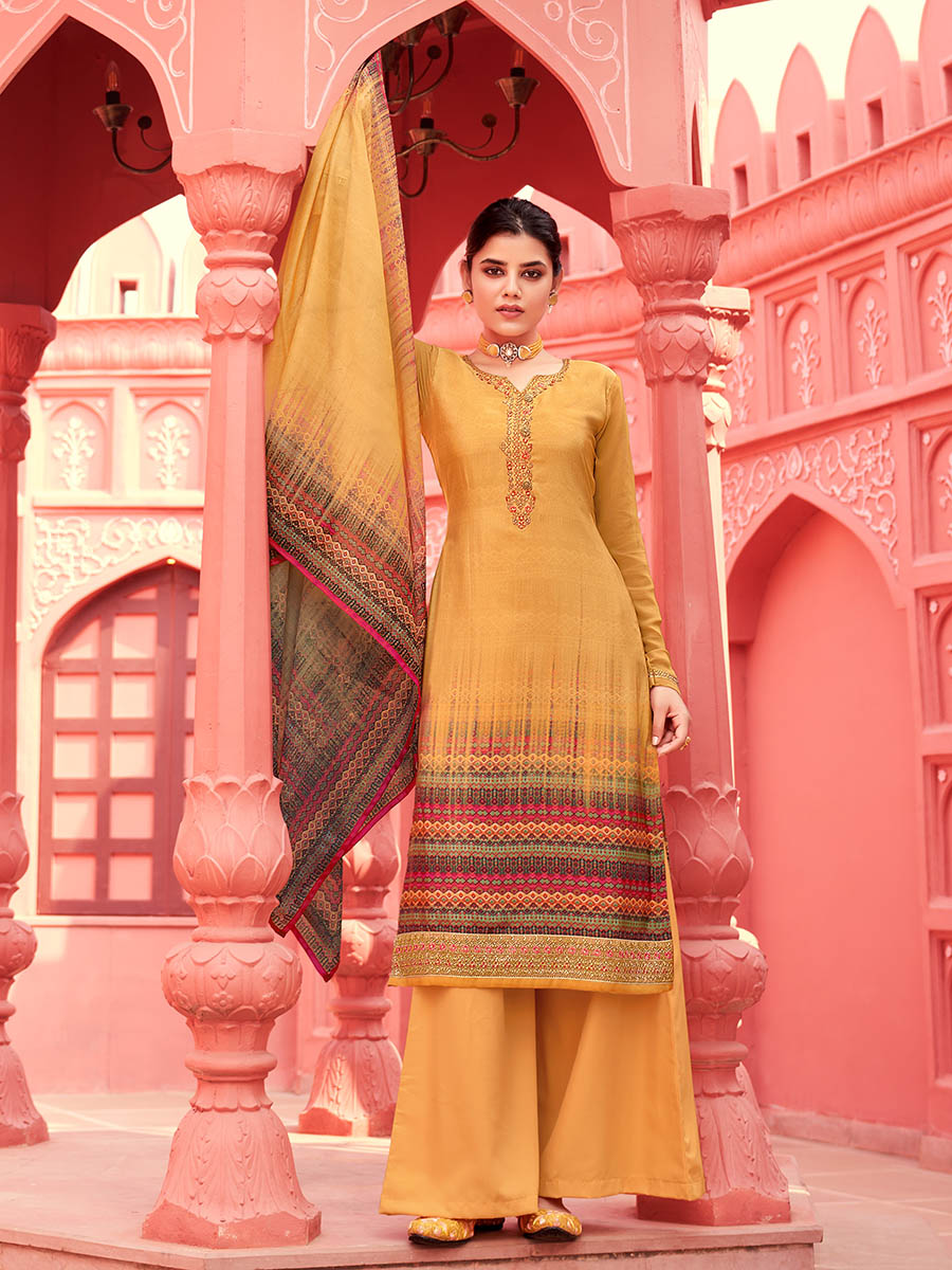 Myra Yellow Digital Print French Crepe Palazzo Suit | Grocsy