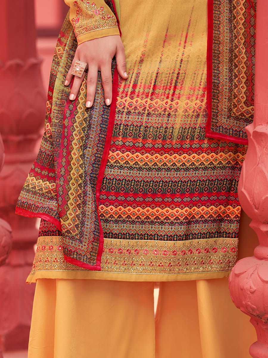 Myra Yellow Digital Print French Crepe Palazzo Suit | Grocsy