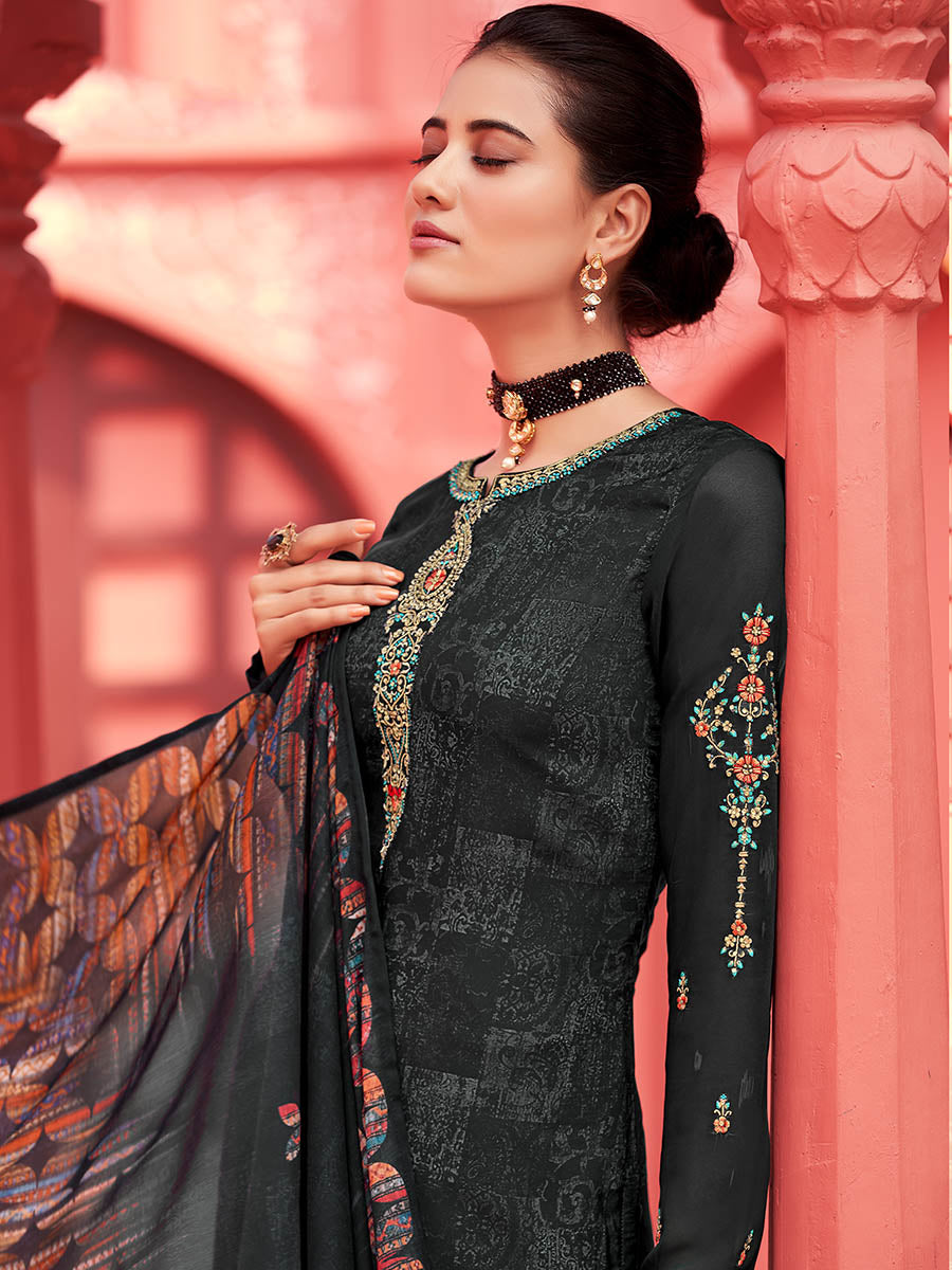 Myra Black Digital Print French Crepe Palazzo Suit | Grocsy