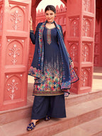 Myra Navy Blue Digital Print French Crepe Palazzo Suit | Grocsy