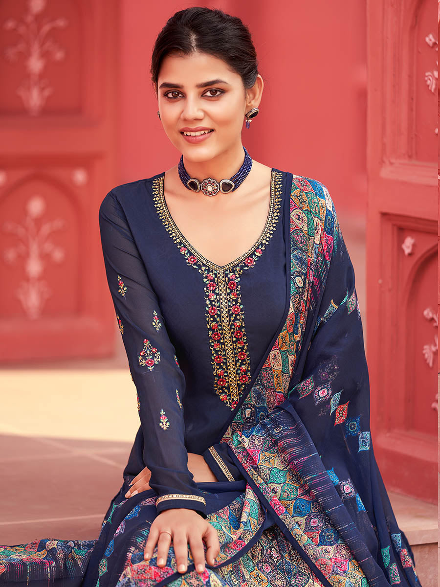 Myra Navy Blue Digital Print French Crepe Palazzo Suit | Grocsy