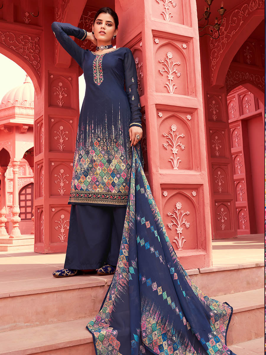 Myra Navy Blue Digital Print French Crepe Palazzo Suit | Grocsy
