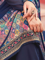 Myra Navy Blue Digital Print French Crepe Palazzo Suit | Grocsy