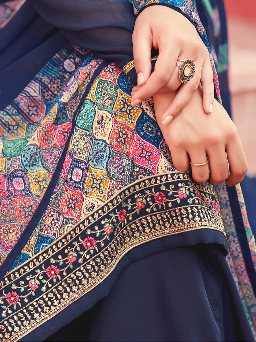 Myra Navy Blue Digital Print French Crepe Palazzo Suit | Grocsy