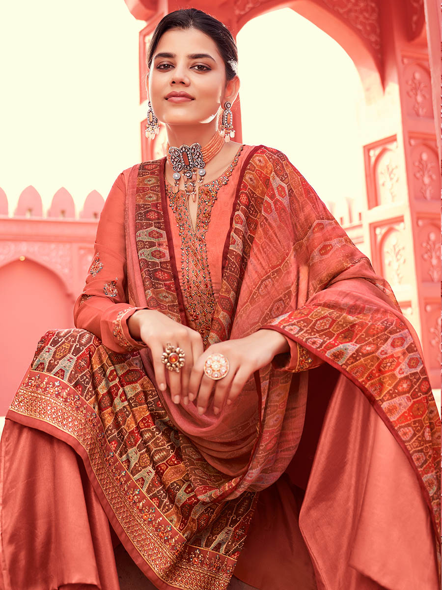 Myra Peach Digital Print French Crepe Palazzo Suit | Grocsy