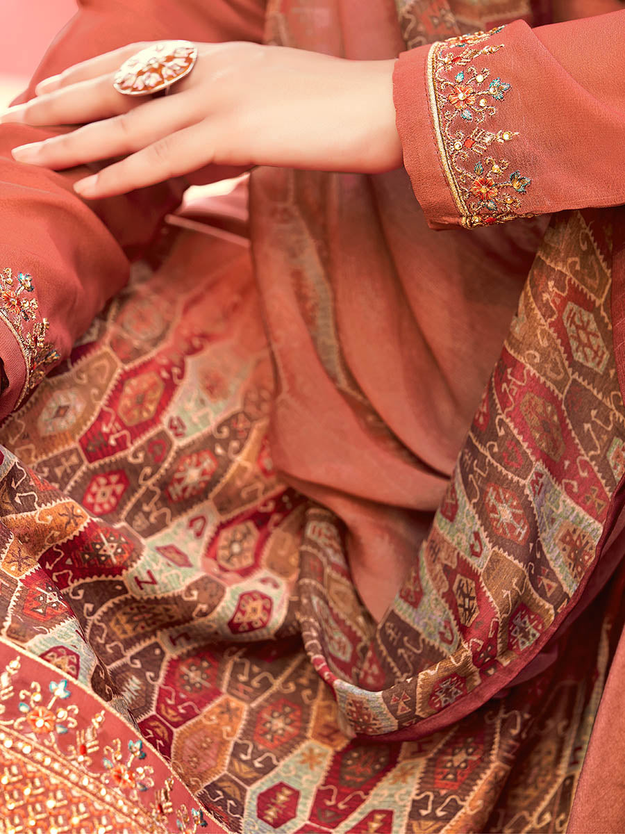 Myra Peach Digital Print French Crepe Palazzo Suit | Grocsy