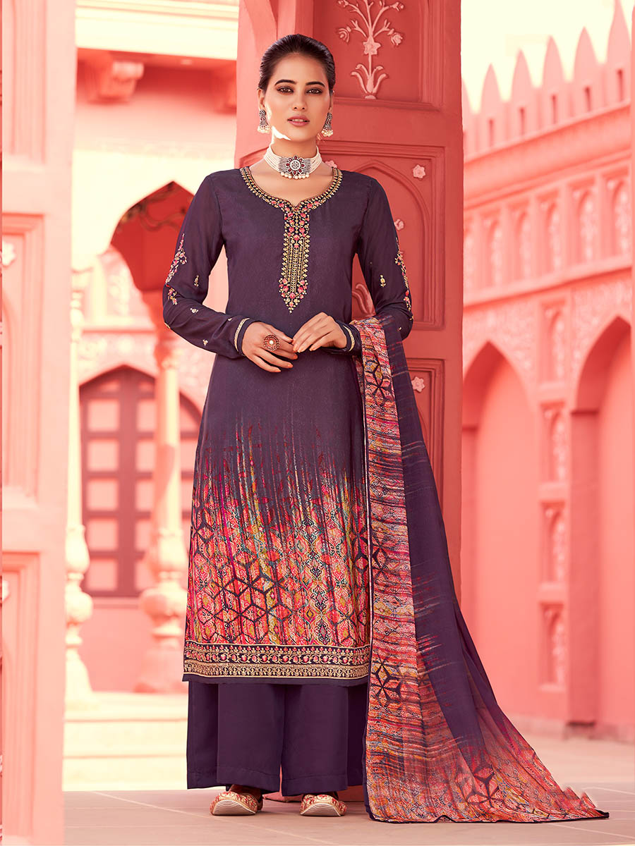 Myra Purple Digital Print French Crepe Palazzo Suit | Grocsy