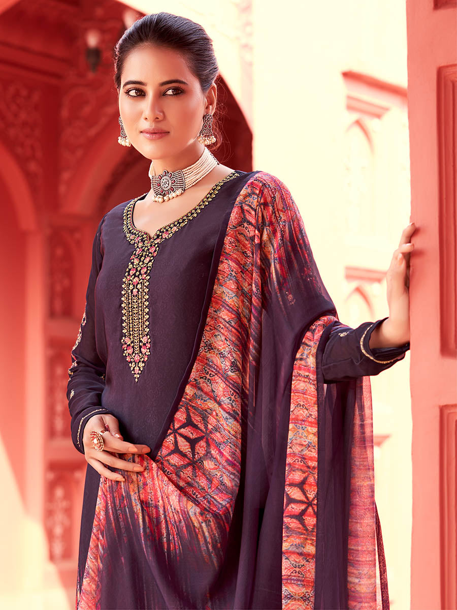 Myra Purple Digital Print French Crepe Palazzo Suit | Grocsy
