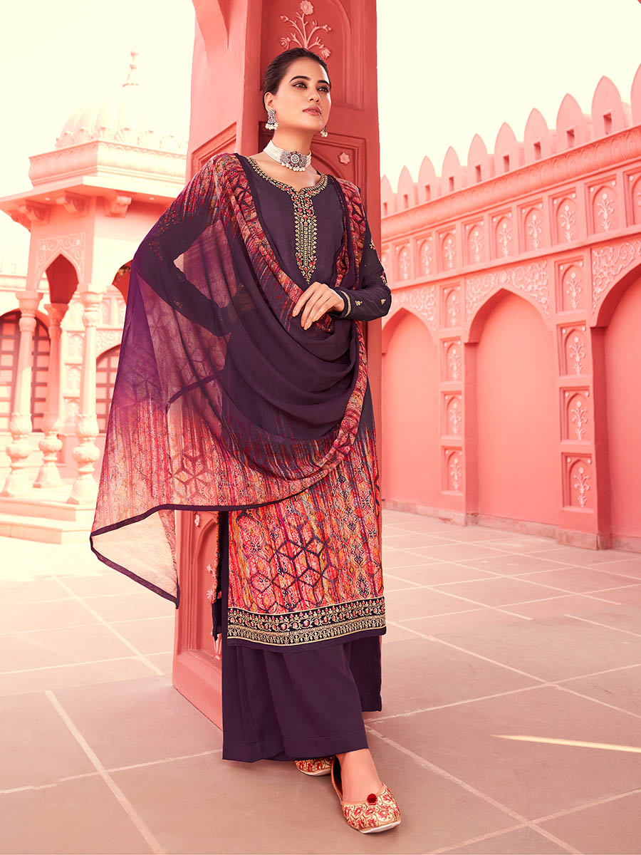Myra Purple Digital Print French Crepe Palazzo Suit | Grocsy