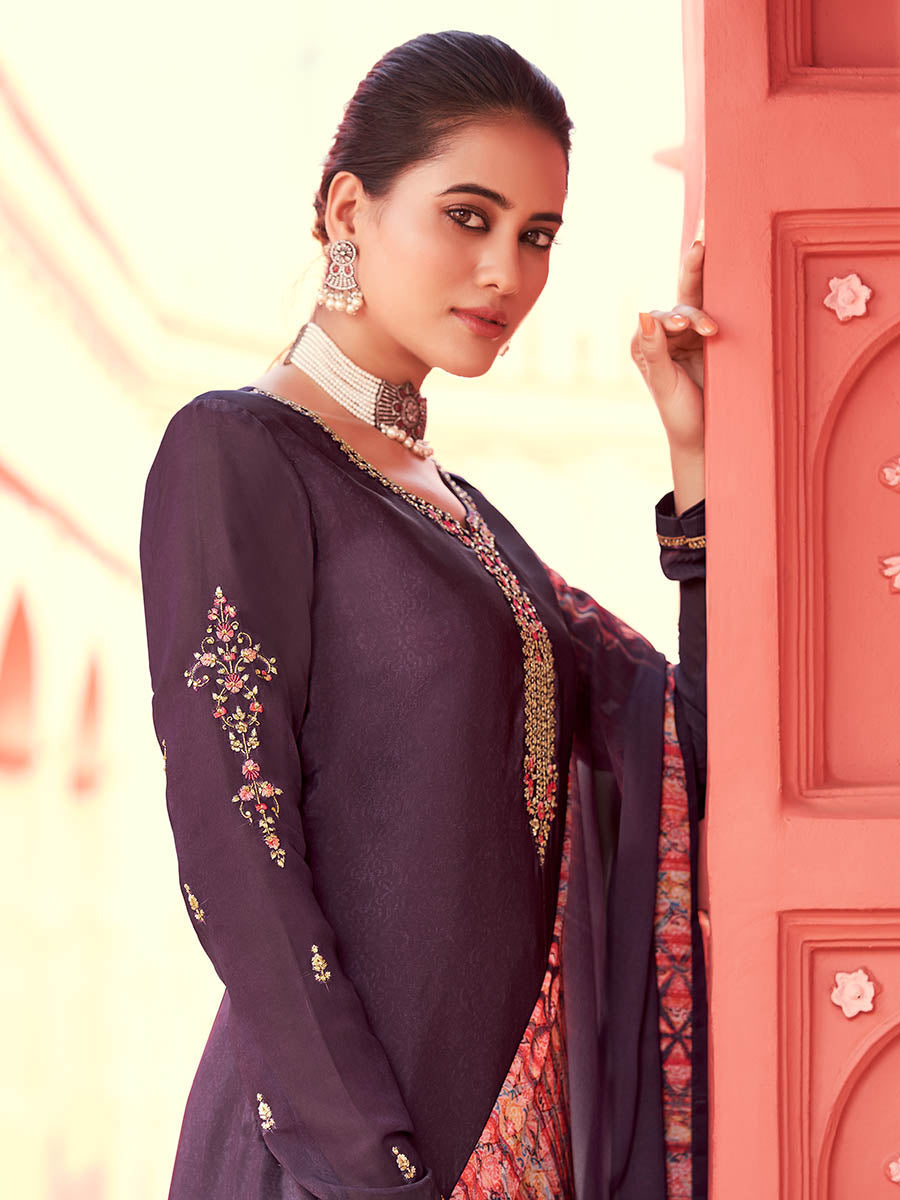 Myra Purple Digital Print French Crepe Palazzo Suit | Grocsy