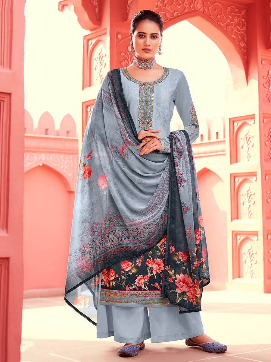 Myra Grey Digital Print French Crepe Palazzo Suit | Grocsy