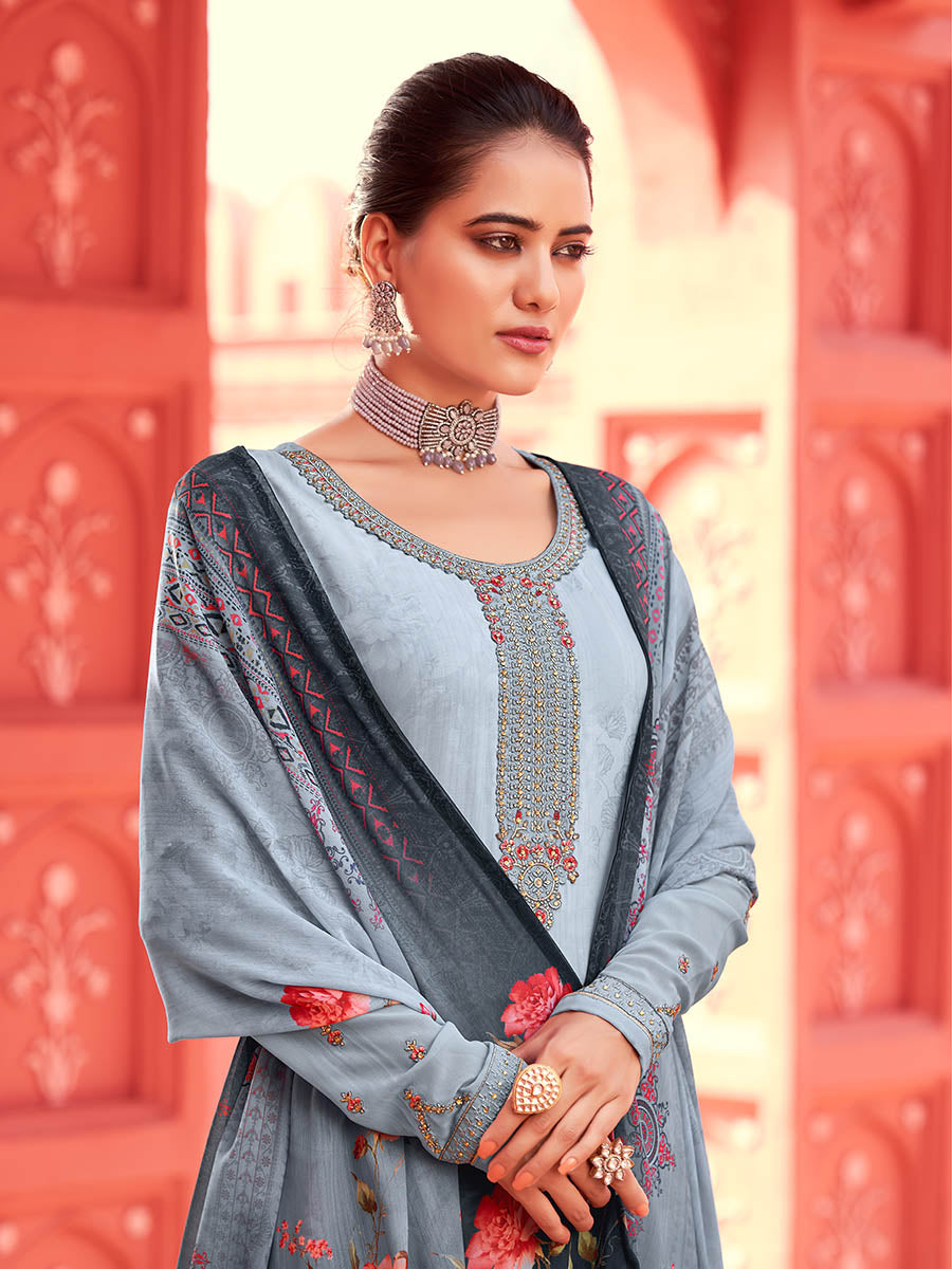 Myra Grey Digital Print French Crepe Palazzo Suit | Grocsy