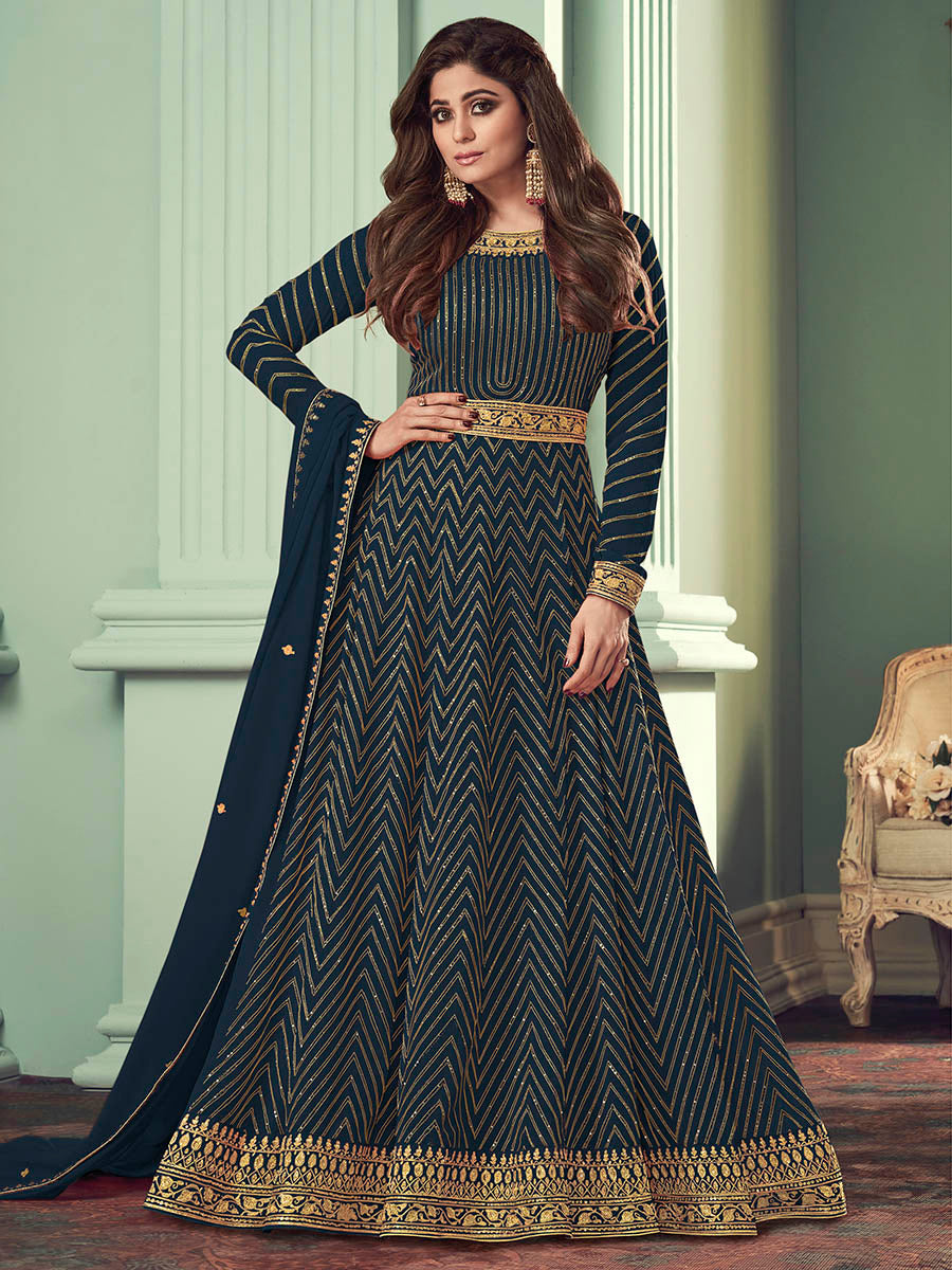 Myra Teal Real Georgette Embroidered Anarkali Suit | Grocsy