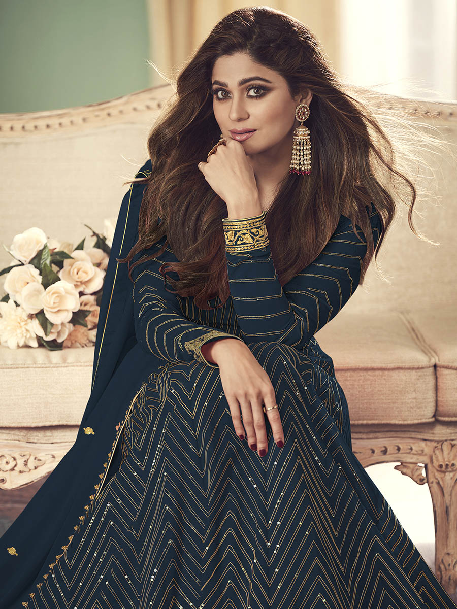 Myra Teal Real Georgette Embroidered Anarkali Suit | Grocsy