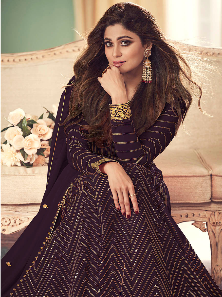 Myra Wine Real Georgette Embroidered Anarkali Suit | Grocsy