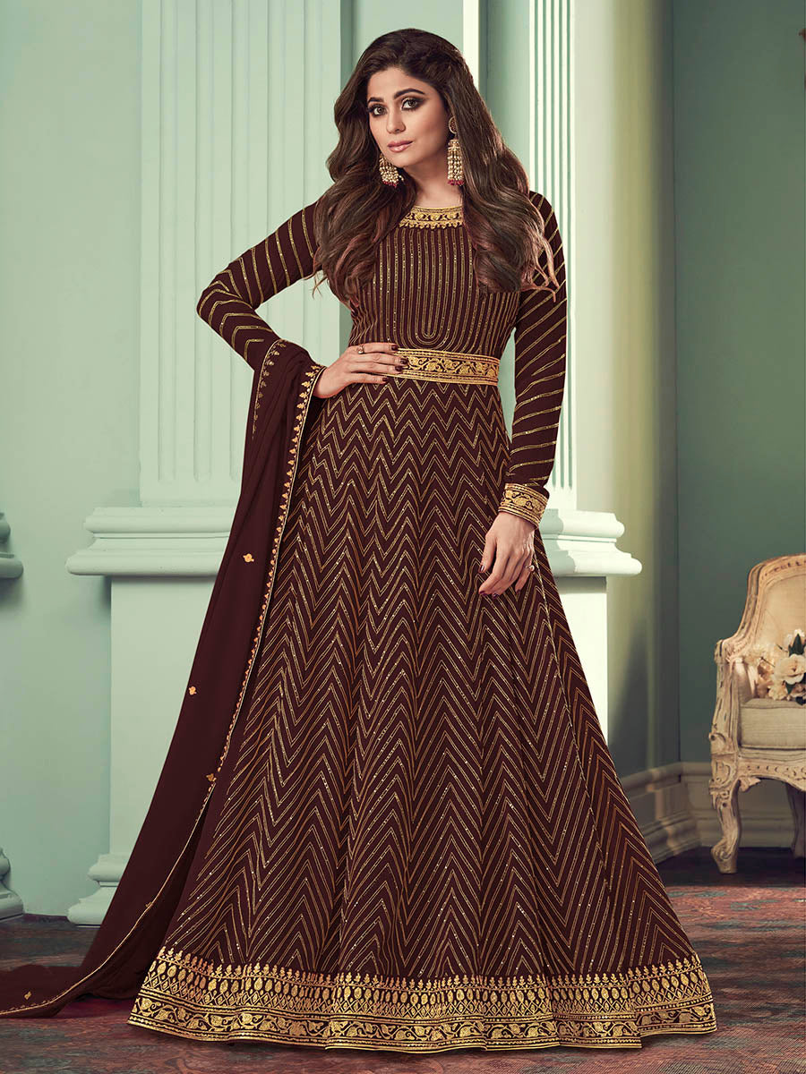 Myra Brown Real Georgette Embroidered Anarkali Suit | Grocsy