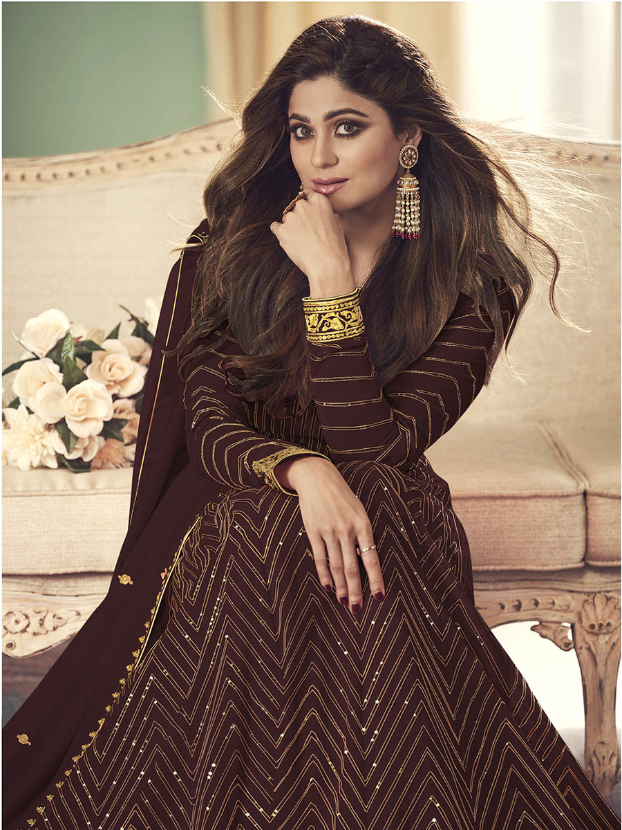 Myra Brown Real Georgette Embroidered Anarkali Suit | Grocsy