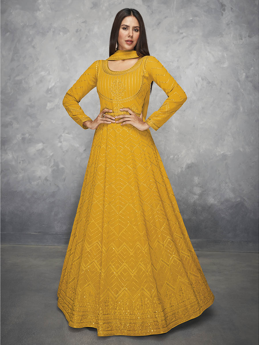 Myra Mustard Yellow Georgette Embroidered Anarkali Suit | Grocsy