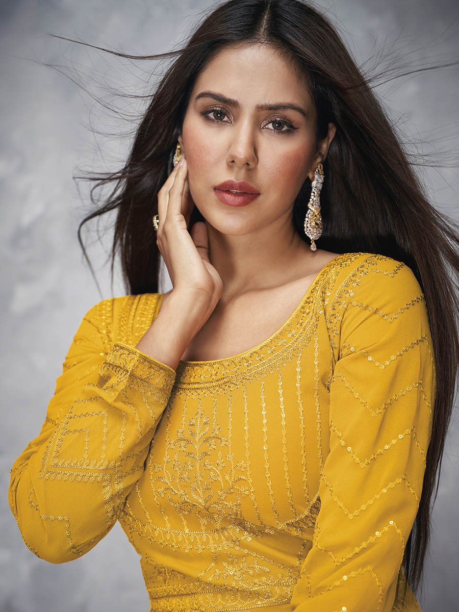 Myra Mustard Yellow Georgette Embroidered Anarkali Suit | Grocsy