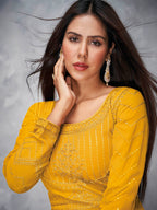Myra Mustard Yellow Georgette Embroidered Anarkali Suit | Grocsy